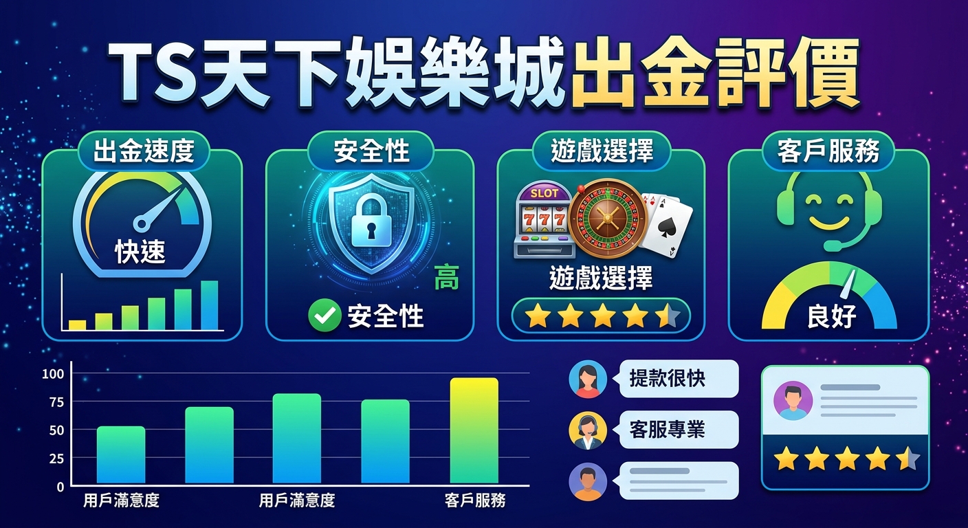 這是一張展示「TS天下娛樂城出金評價」的數據資訊圖表,包含提款速度、安全性、遊戲選擇及客戶服務等綜合指標與評分。