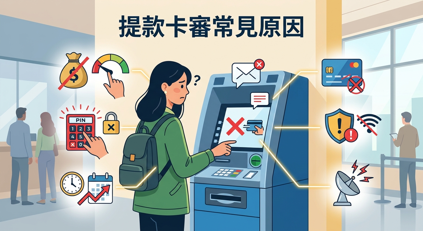 這幅插圖展示了一名女性在提款機前遇到卡審或提款失敗的困惑場景。 畫面周圍搭配了密碼錯誤、餘額不足及系統警示等常見原因的圖示,上方並標有標題「提款卡審常見原因」。